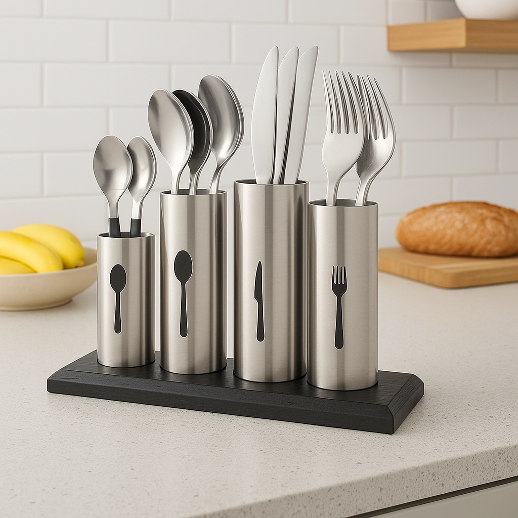 Vitantonio Cutlery Holder wooden base stainless steel top 18/10