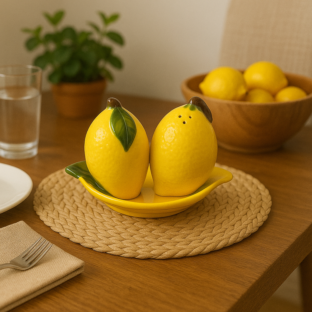 Sara Antica Fornace “Lemon” Salt & Pepper Shakers with Tray – Made in Italy, Dishwasher Safe